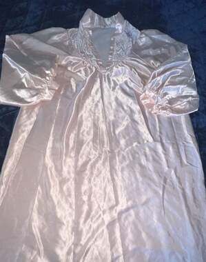 Vintage Elise Stevens Pink Satin Long Sleeve Nightgown with Embroidered Neckline